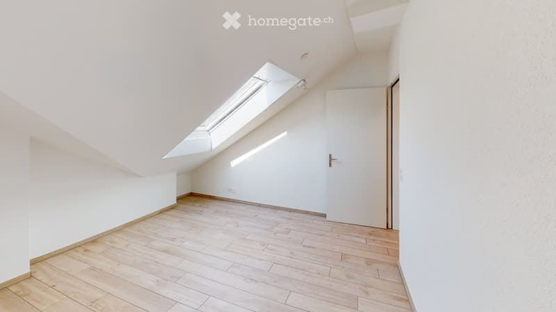 Empty attic room with wooden flooring, white walls, and a skylight window allowing natural light to enter.