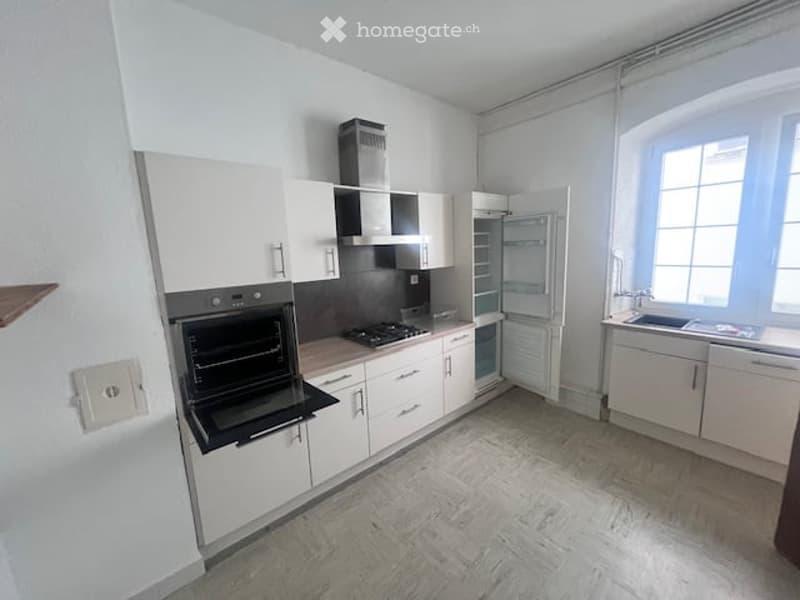 white cabinets, stove, oven, refrigerator, sink, faucet, white tiled floor, vent