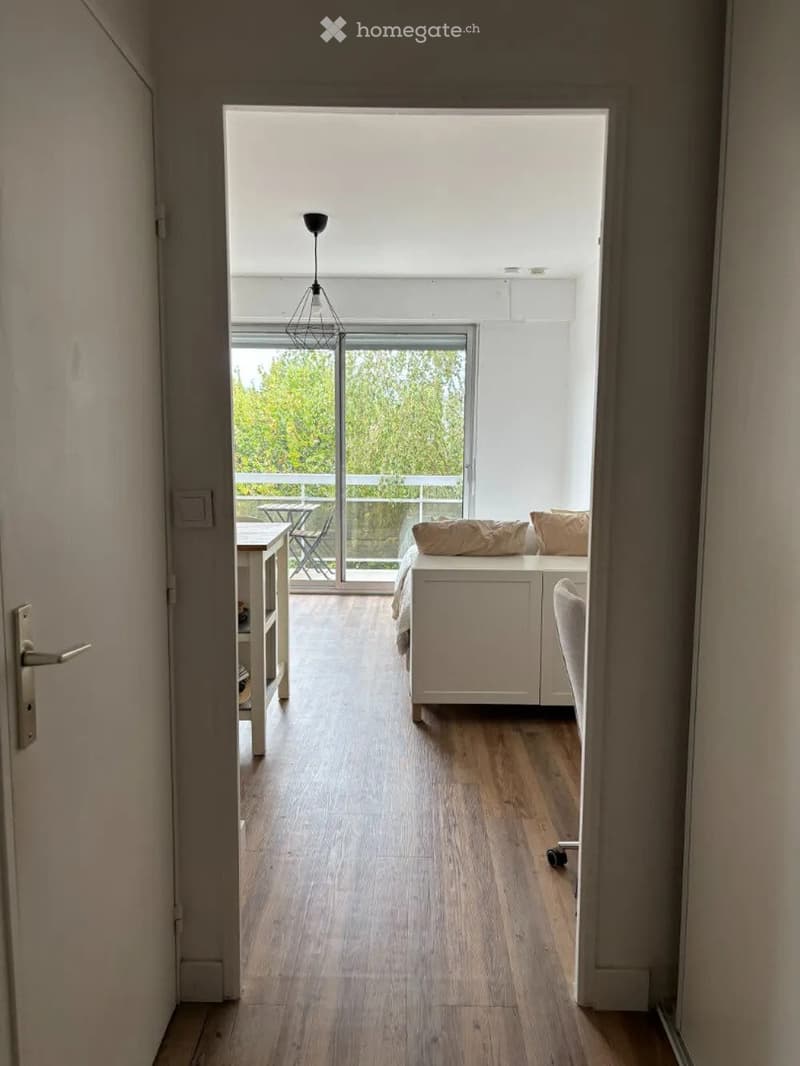 A modern, open-concept living space with light wooden flooring, a white sofa, a small table, and a pendant light hanging from the ceiling. The room features large windows and a sliding glass door leading to a balcony with outdoor furniture.