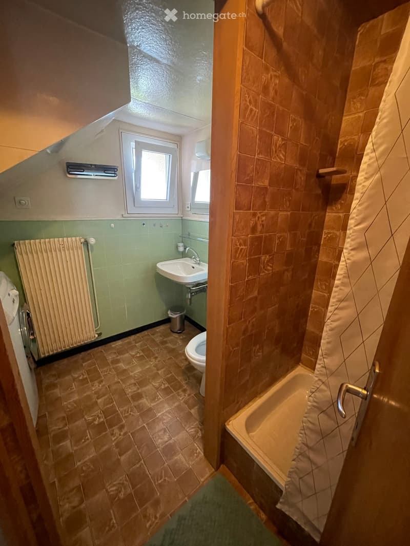 Bathroom with a sink, toilet, bathtub, radiator, and window. Green walls and brown tiled floor.