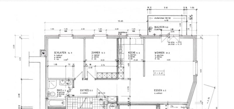 Floor plan of a 4-room apartment with a living room, kitchen, two bedrooms, and a bathroom, including a balcony.