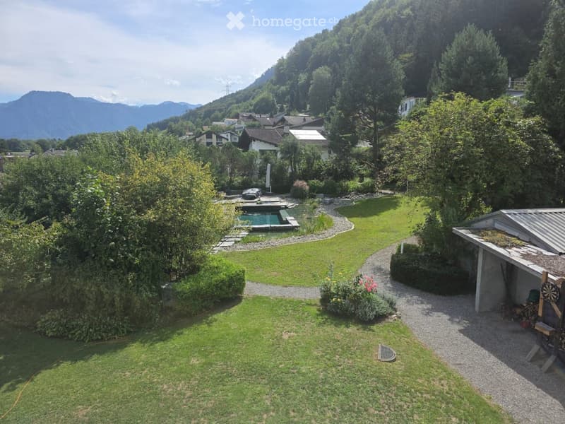 Well-maintained garden with a swimming pool, surrounded by trees and shrubs, with a view of mountains in the background.