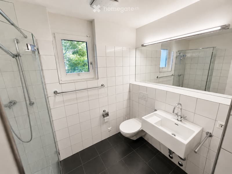 Modern bathroom with white tiles, black floor, toilet, sink, mirror, and glass-enclosed shower with a handheld showerhead.