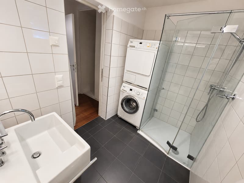 Modern bathroom with a white sink, glass-enclosed shower, and stacked washing machine and dryer.