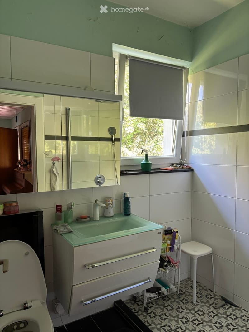 Modern bathroom with a white cabinet, sink, mirror, and toilet. Features a window with a roller shade, a small stool, and various toiletries and cleaning supplies on the windowsill and counter.