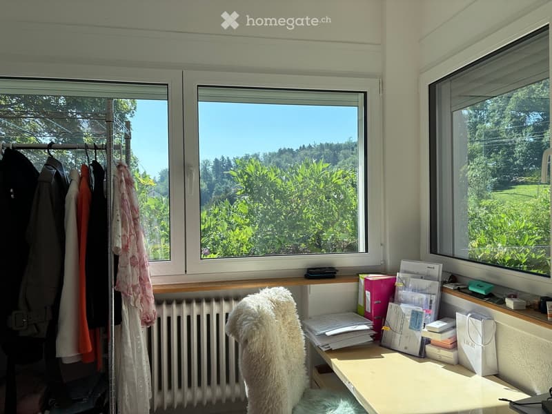Bright room with large windows overlooking greenery, a desk with a chair, a clothing rack, and various items on the windowsill.