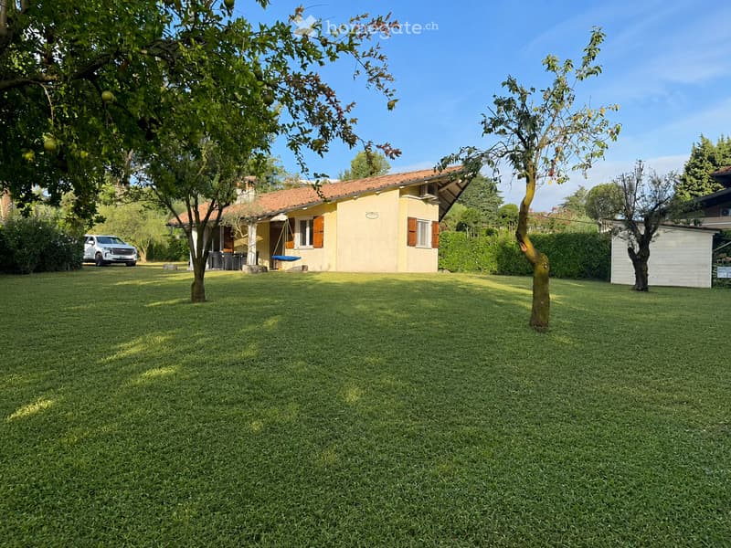 A well-maintained lawn with trees and a small house with a tiled roof and shutters in the background.