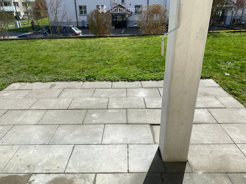 Concrete patio with a grassy lawn, small bushes, and a building entrance in the background.