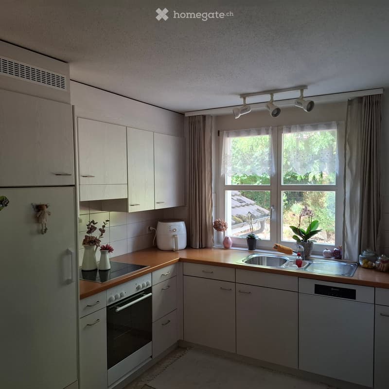 Modern kitchen with light-colored cabinets, wooden countertops, stainless steel sink, and various appliances including a refrigerator, oven, and dishwasher. Decorated with vases, plants, and a curtained window offering a view of the garden.
