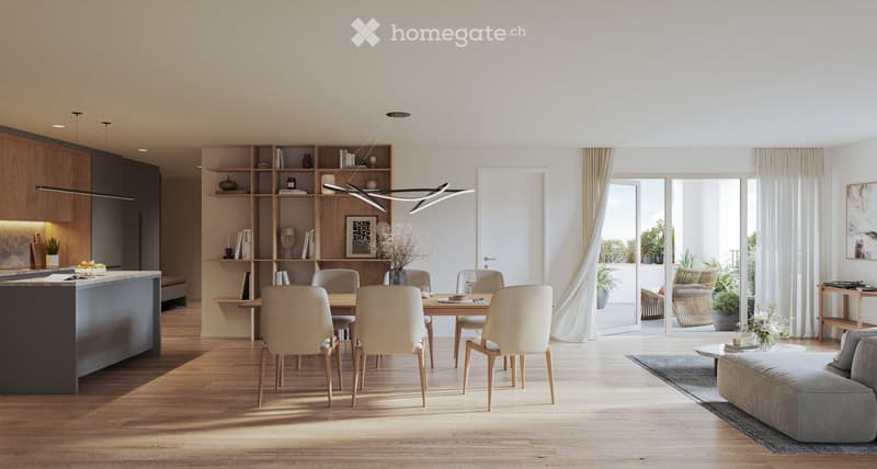 Open-plan living and dining area with modern furniture, including a sofa, coffee table, dining table with chairs, and a kitchen island. Shelves with decorative items and a large window with curtains are also present.