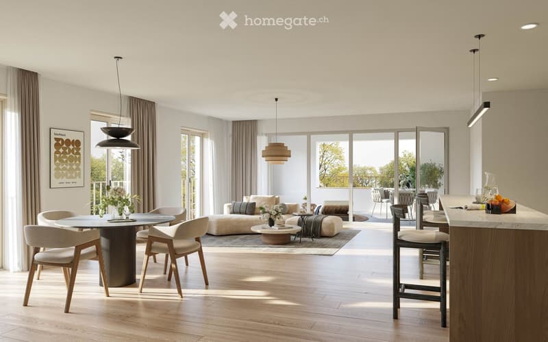 Open-plan living and dining area with modern furniture, pendant lights, and a kitchen island. Features a sofa, coffee table, ottoman, dining table with chairs, and a kitchen island with stools.