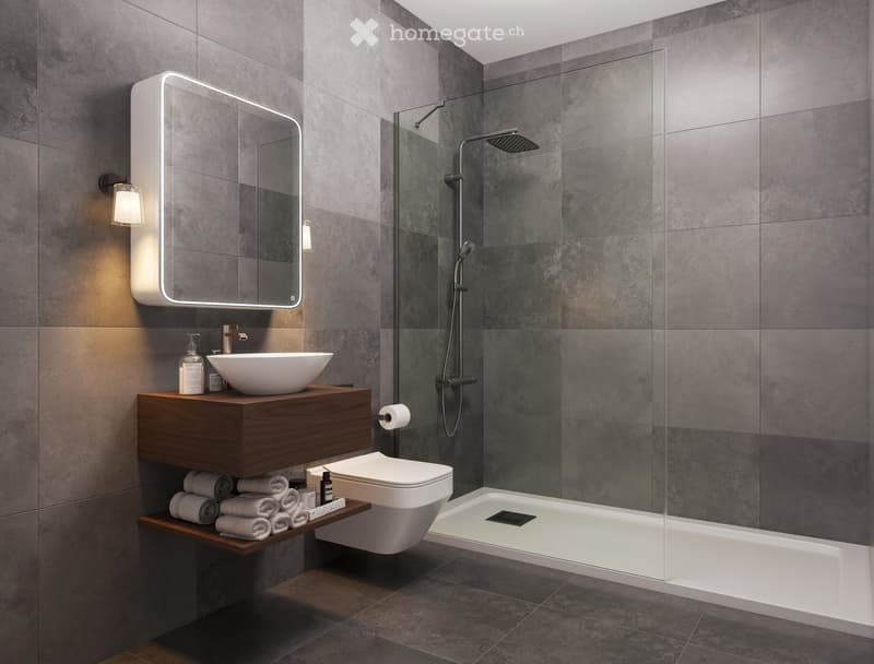 Modern bathroom with a sleek sink, large mirror, toilet, and walk-in shower with glass enclosure. Wooden vanity with towels and toiletries.