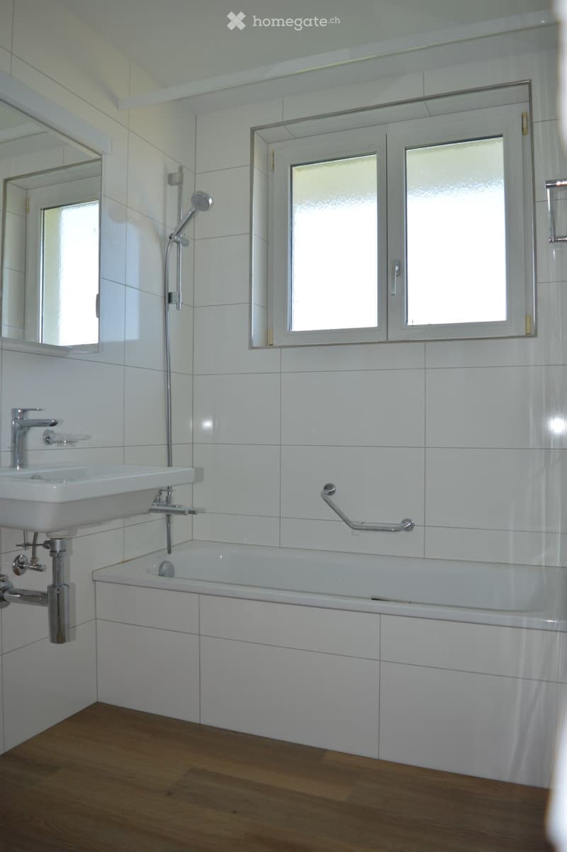 Modern bathroom with white tiles, a bathtub, a sink, a showerhead, a mirror, and a handrail.
