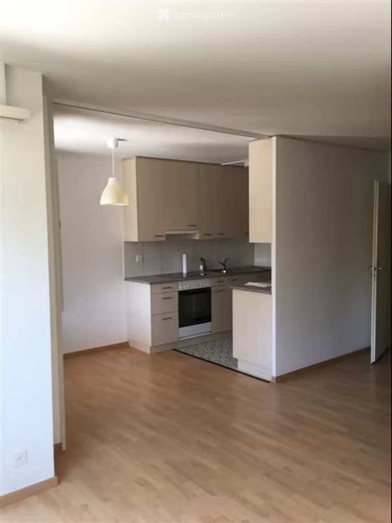 Empty kitchen area with light wood cabinets, stainless steel appliances, and wooden flooring.