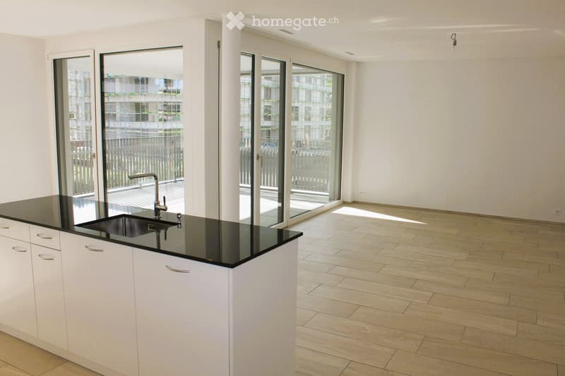 Modern kitchen with white cabinets, black countertop, and a stainless steel sink. Large sliding glass doors lead to a balcony.