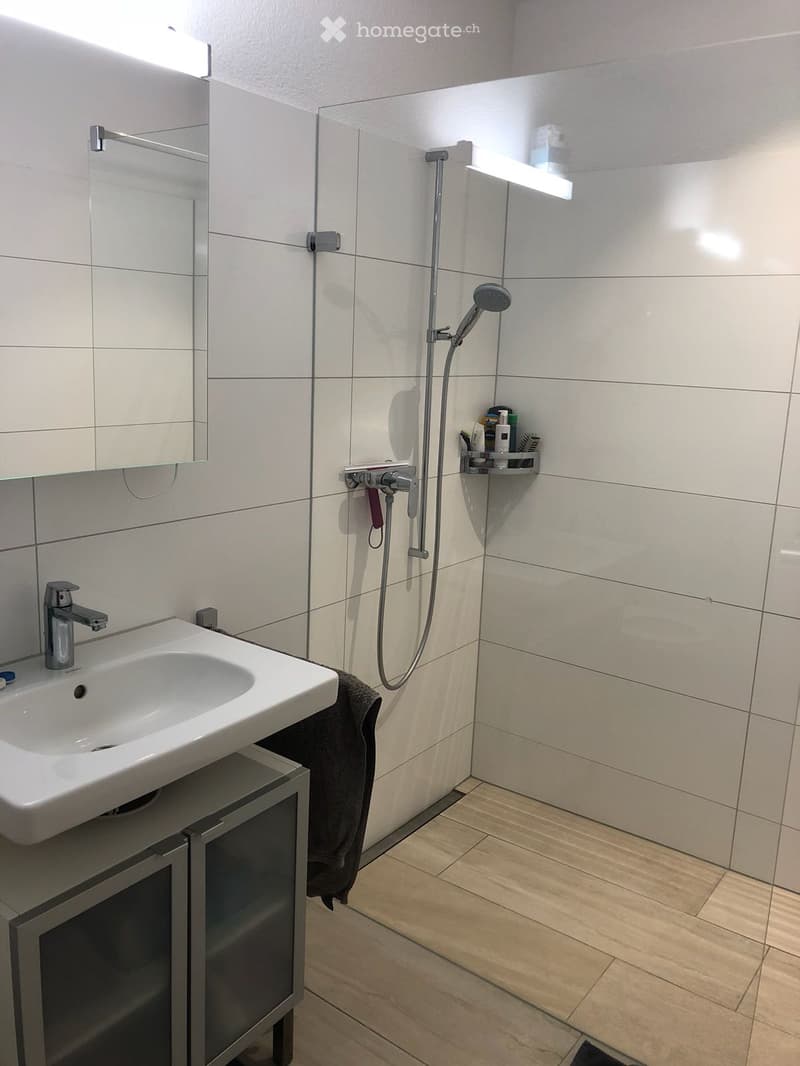 Modern bathroom with white tiles, a sink with a modern faucet, a shower with a handheld sprayer, a towel on the floor, and a small shelf holding toiletries.