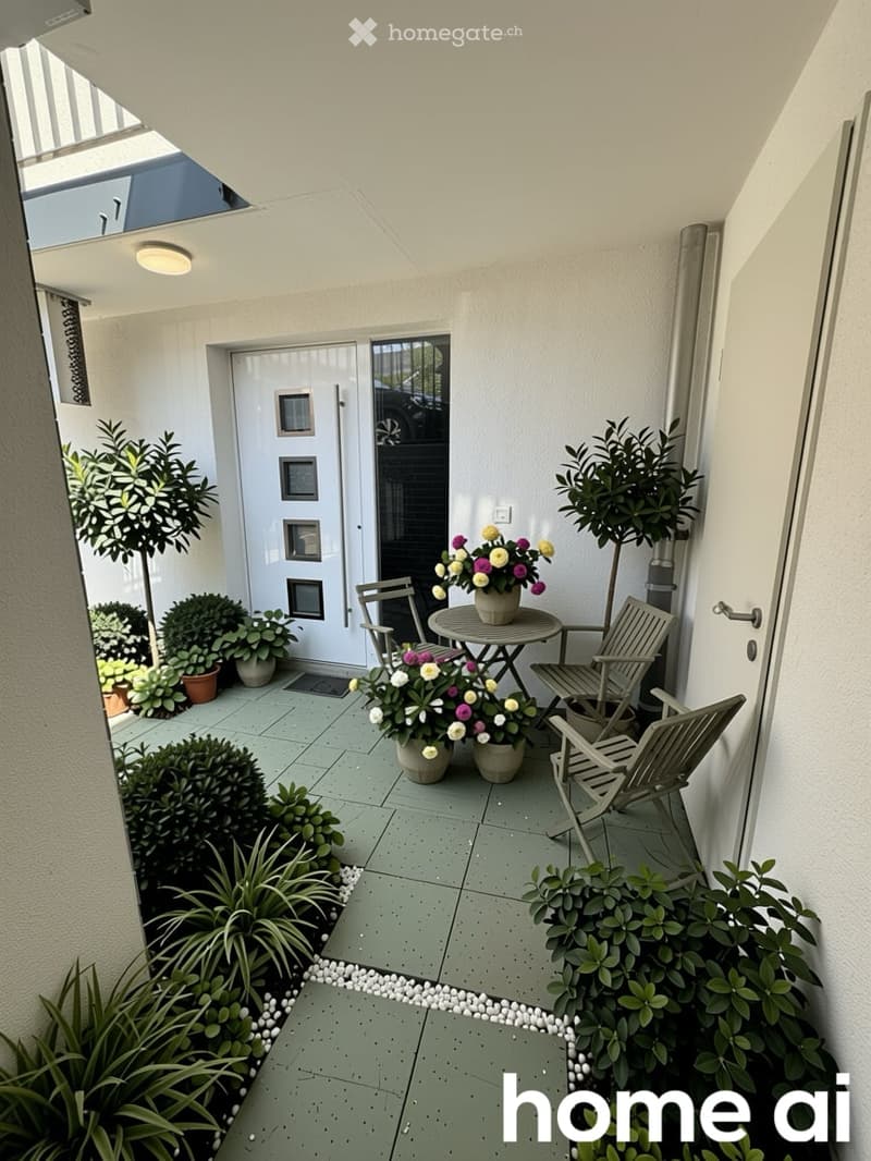 A small, well-maintained balcony with a round table, two chairs, and potted plants, including flowers and shrubs, arranged around the space.
