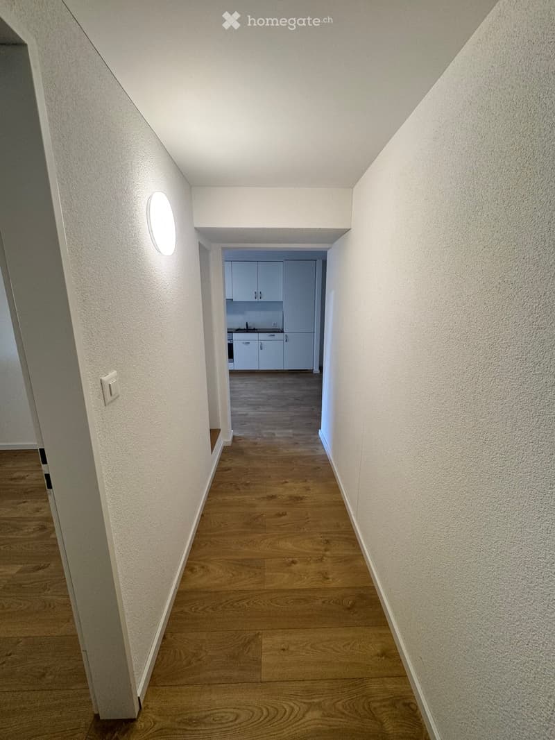 A narrow hallway with wooden flooring, white walls, and a small round window on one side. A kitchen area is visible at the end of the hallway, featuring white cabinets and a countertop.