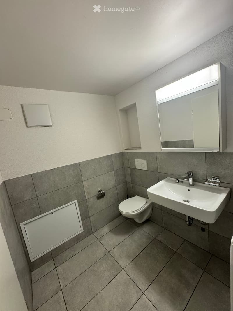Modern bathroom with a toilet, sink, and illuminated mirror cabinet. Grey tiled walls and floor, white fixtures.