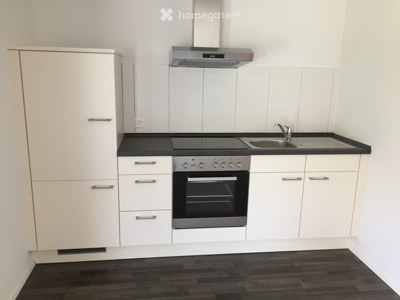 Modern kitchen with white cabinets, stainless steel appliances, and dark countertops.