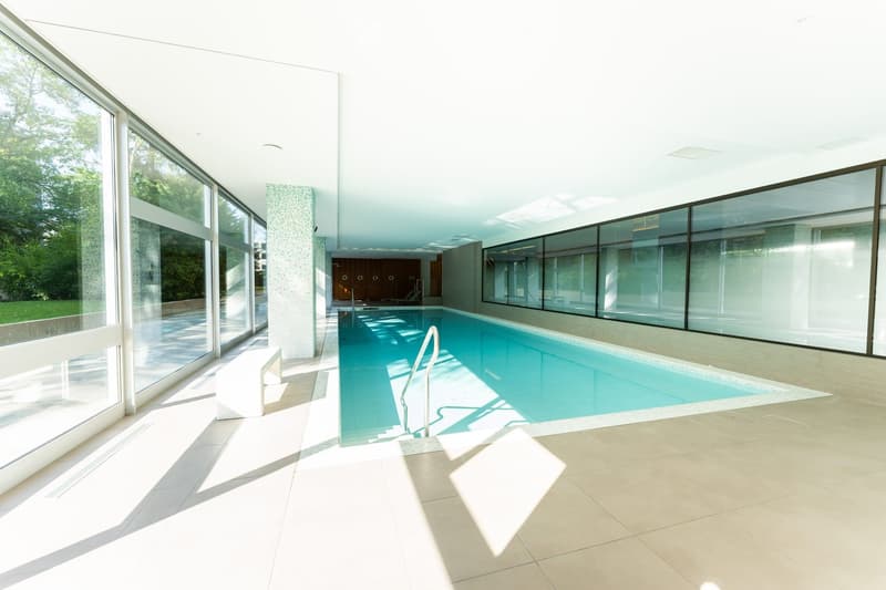 Indoor swimming pool area with large windows, tiled floors, and a modern design.