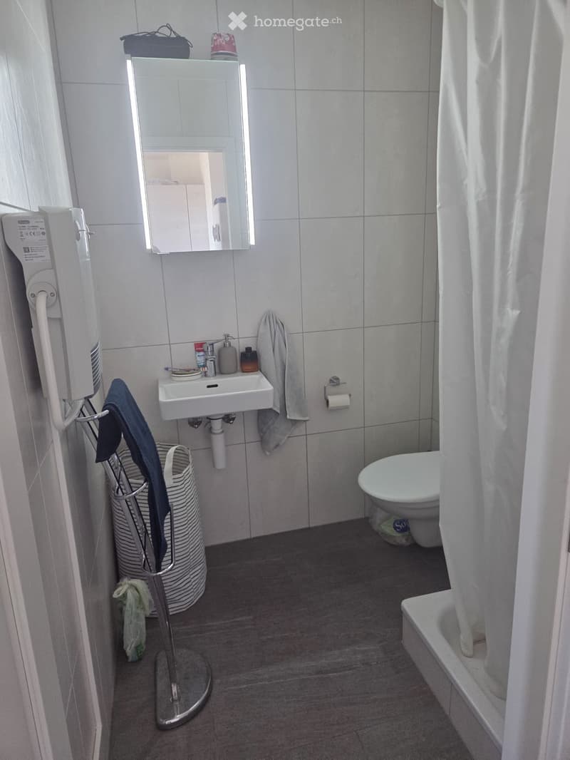 Modern bathroom with white tiles, a sink, toilet, mirror, and a bath. Includes a towel, toilet paper, and a basket with items.