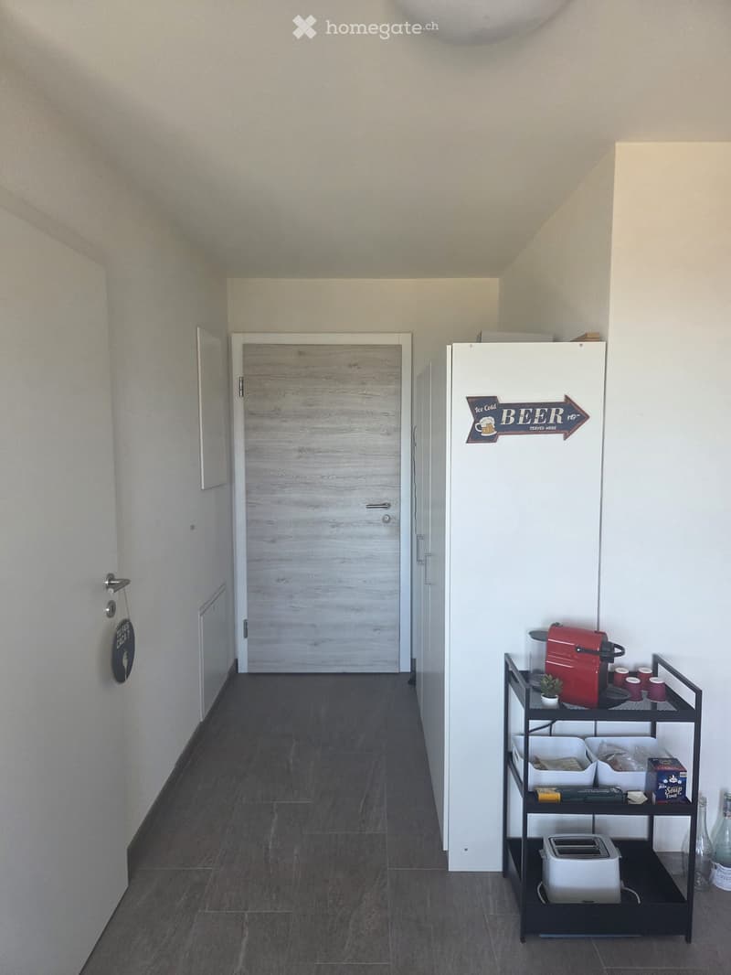A small hallway with a refrigerator, coffee maker, toaster, and a small table with cups and a plant. The floor is dark grey tiles, and there is a wooden door at the end of the hallway.
