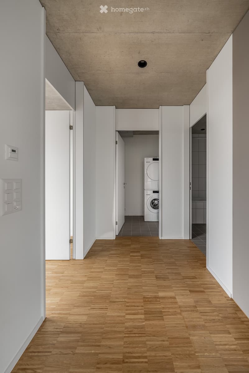 Modern hallway with wooden flooring, white walls, and a private washing machine in an adjacent room.