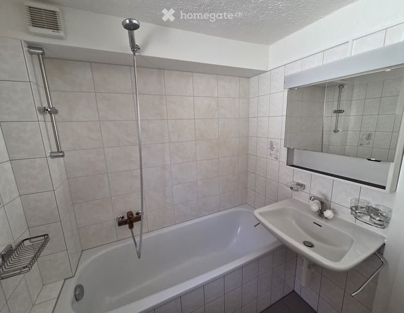 Bathroom with a bathtub, sink, mirror, and shower head. The walls are tiled, and there is a small shelf with cups on the sink counter.