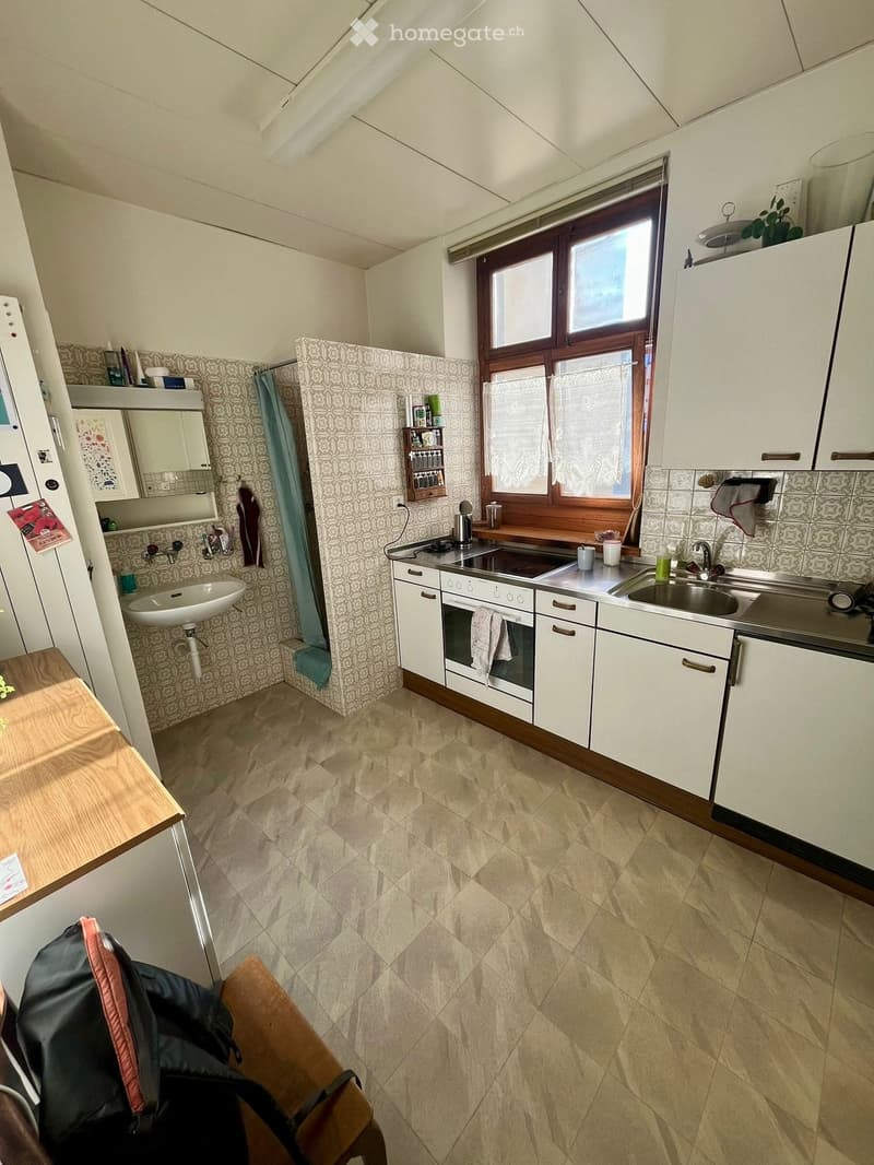 A kitchen with a sink, stove, oven, a small shower area, a cupboard, and a washing machine