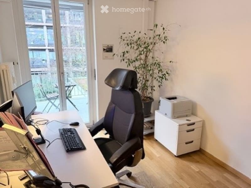 Modern office space with a large window offering a view, a desk with a computer setup, a comfortable office chair, a printer on a small cabinet, and a potted plant.