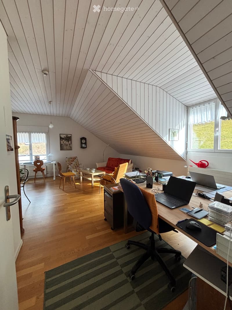 A room with wooden floor, white ceiling, desk, chair, laptop, books, picture frames, couch, table, chairs, lamp, radiator, window, curtains, and a cabinet.