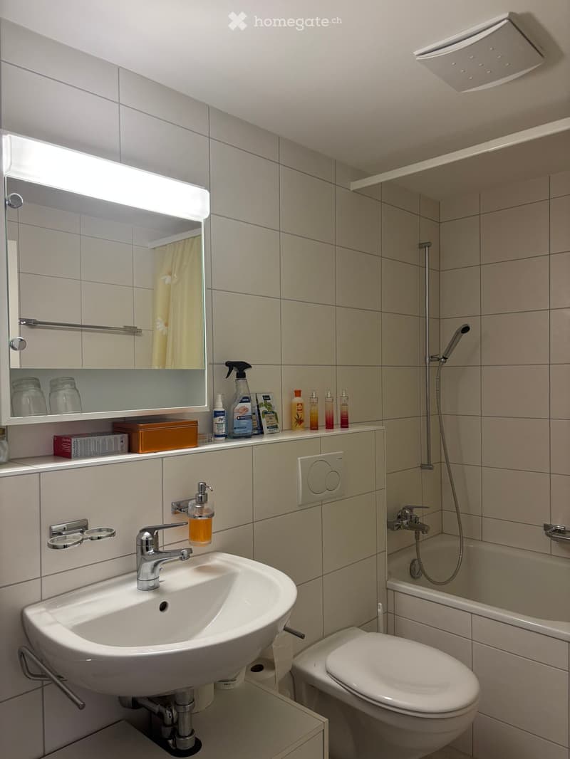 white tiles, white sink, white toilet, bathtub, shower, mirror, shelves with toiletries