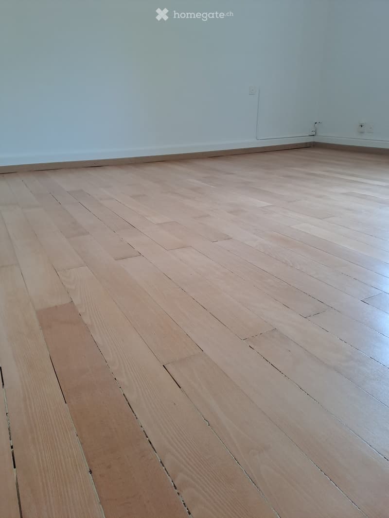 Empty room with light wooden flooring and white walls, no furniture or equipment visible.