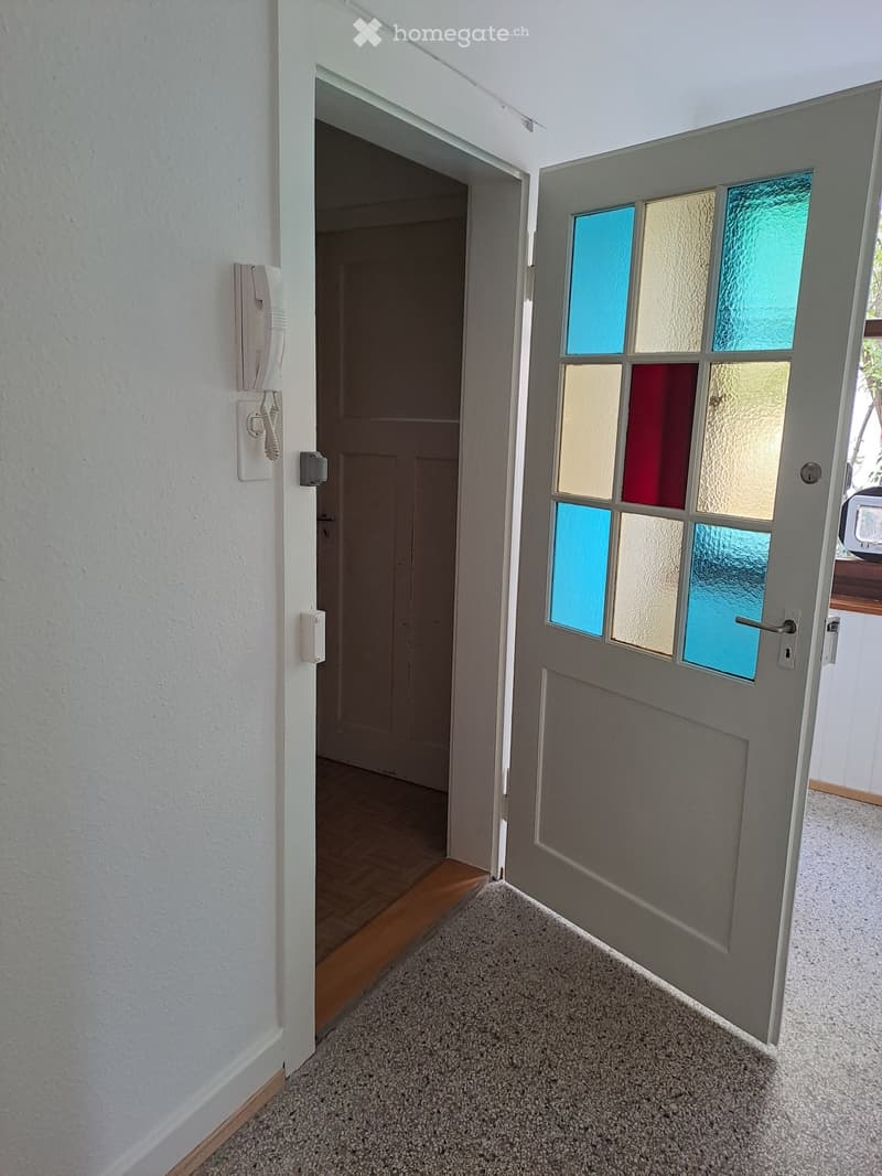 A carpeted hallway with a grey door featuring colorful glass panels, a telephone mounted on the wall, and a glimpse of a wooden-floored room beyond the door.