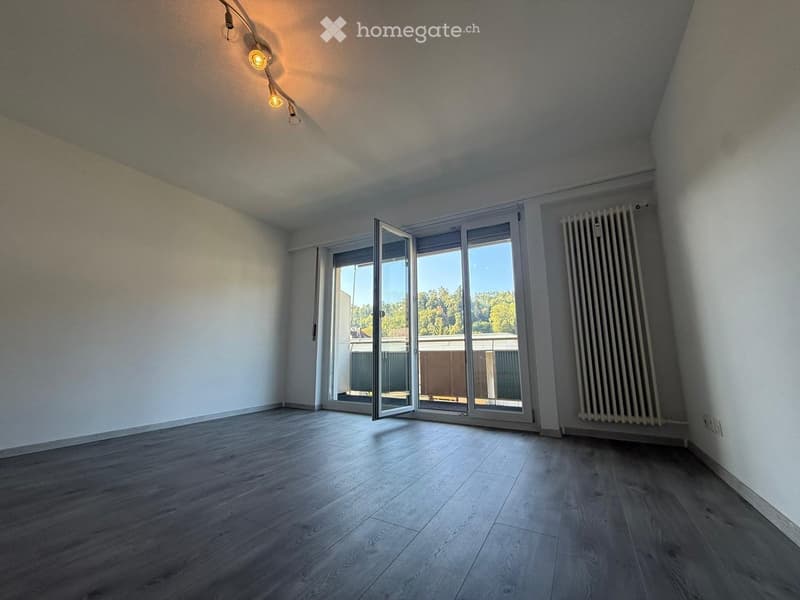 Empty room with wooden flooring, white walls, large sliding glass doors leading to a balcony, and a radiator on the wall.