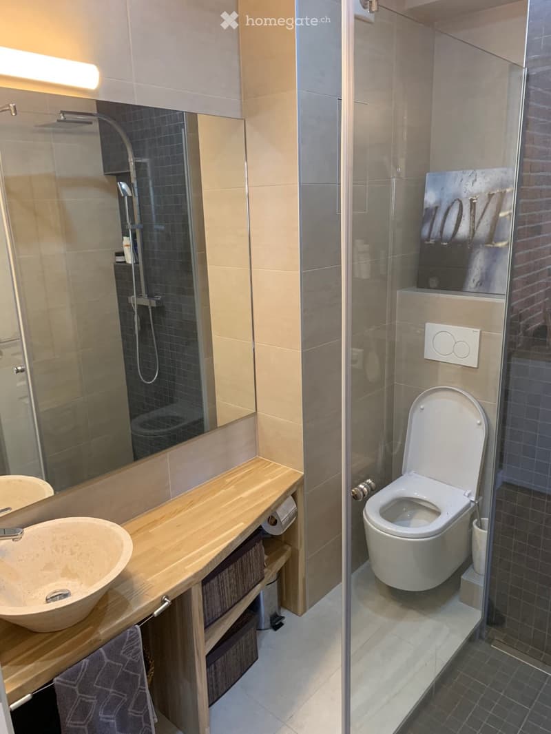Modern bathroom with a wooden vanity, sink, toilet, and glass-enclosed shower. Features a large mirror and a towel on the vanity.