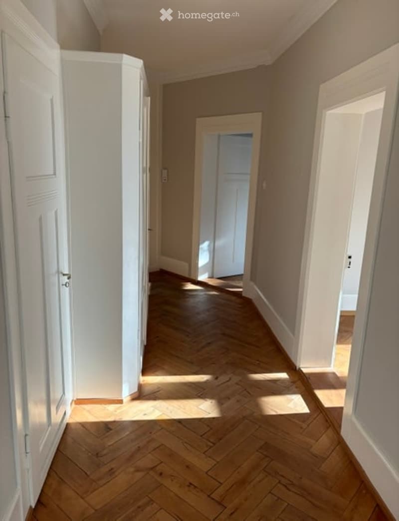 Empty hallway with wooden herringbone flooring, white walls, and multiple white doors.