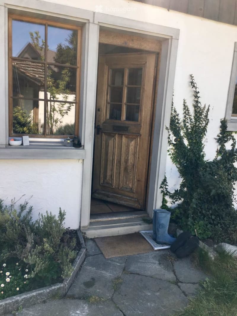 The image shows the entrance of a house with a wooden door and glass window, and a small porch area with a wooden mat and a potted plant. The image is taken from the exterior.