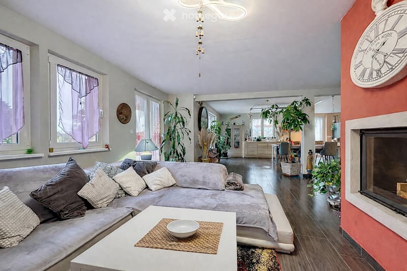 Modern living room with a grey sectional sofa, coffee table, fireplace, large windows with purple curtains, and plants.
