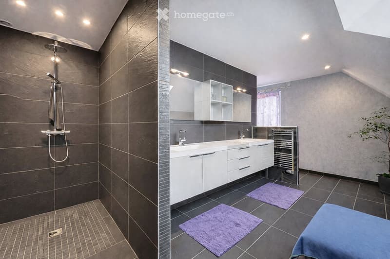 Modern bathroom with dark tiled walls, a large shower area, double sink vanity with mirrored cabinet, and purple rugs on the floor.