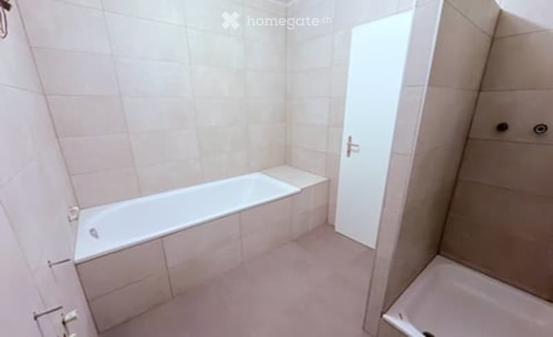 Modern bathroom with a bathtub, shower stall, and tiled walls.