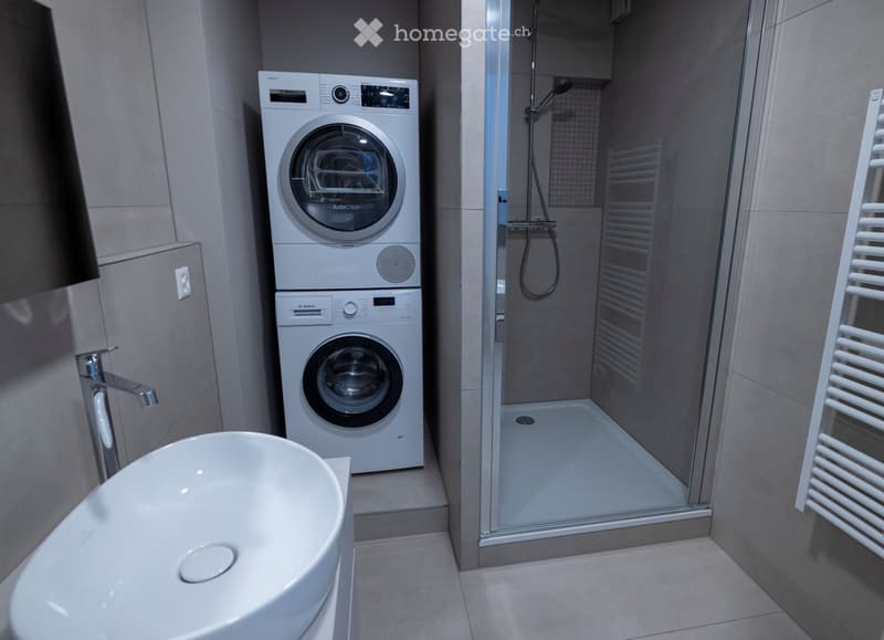 Modern bathroom with a white sink, stacked Bosch washing machine and dryer, glass-enclosed shower, and a white radiator.