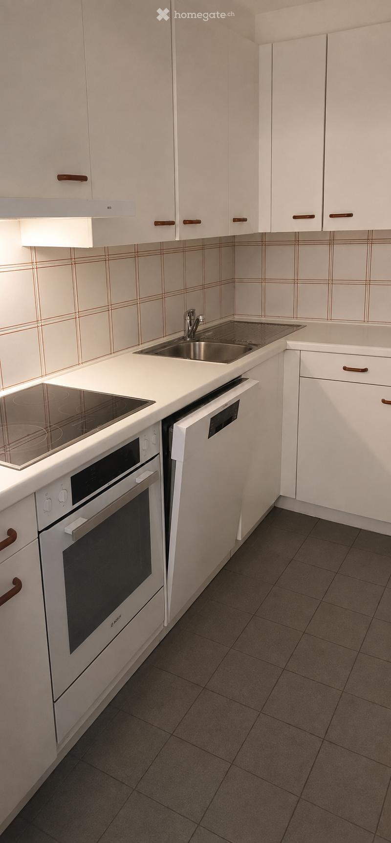 Modern kitchen with white cabinets, stainless steel appliances, and a tiled backsplash. Features an oven, dishwasher, induction cooktop, and sink.