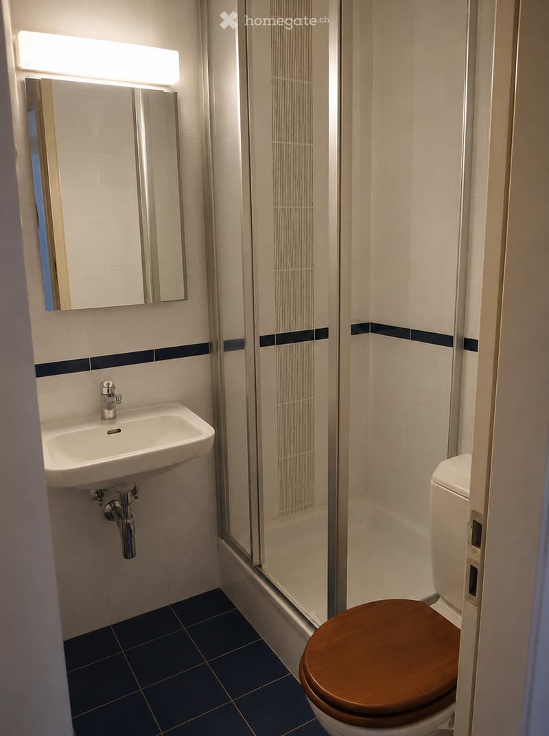 Modern bathroom with white tiles, dark blue accents, a wooden toilet seat, a glass-enclosed shower, and a sink with a modern faucet.