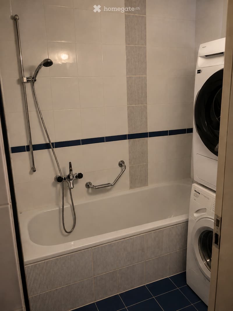 Bathroom with a bathtub, showerhead, faucet, and a washing machine. The walls are tiled with white tiles and blue accents, and the floor is blue tiled.