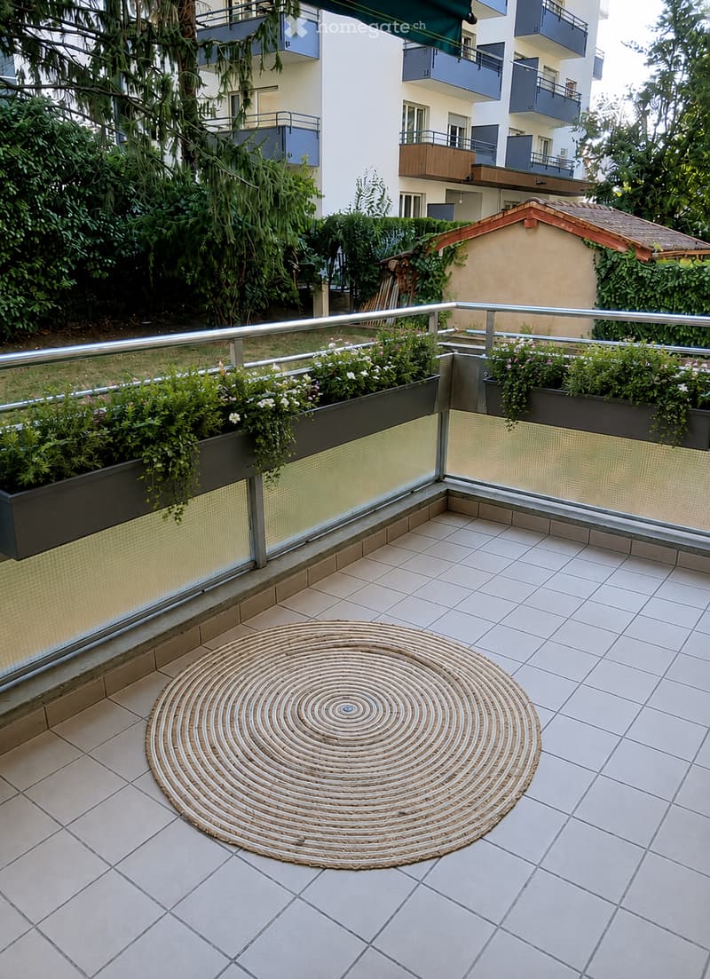 Balcony with tiled floor, glass railing, and potted plants, featuring a round woven rug in the center.