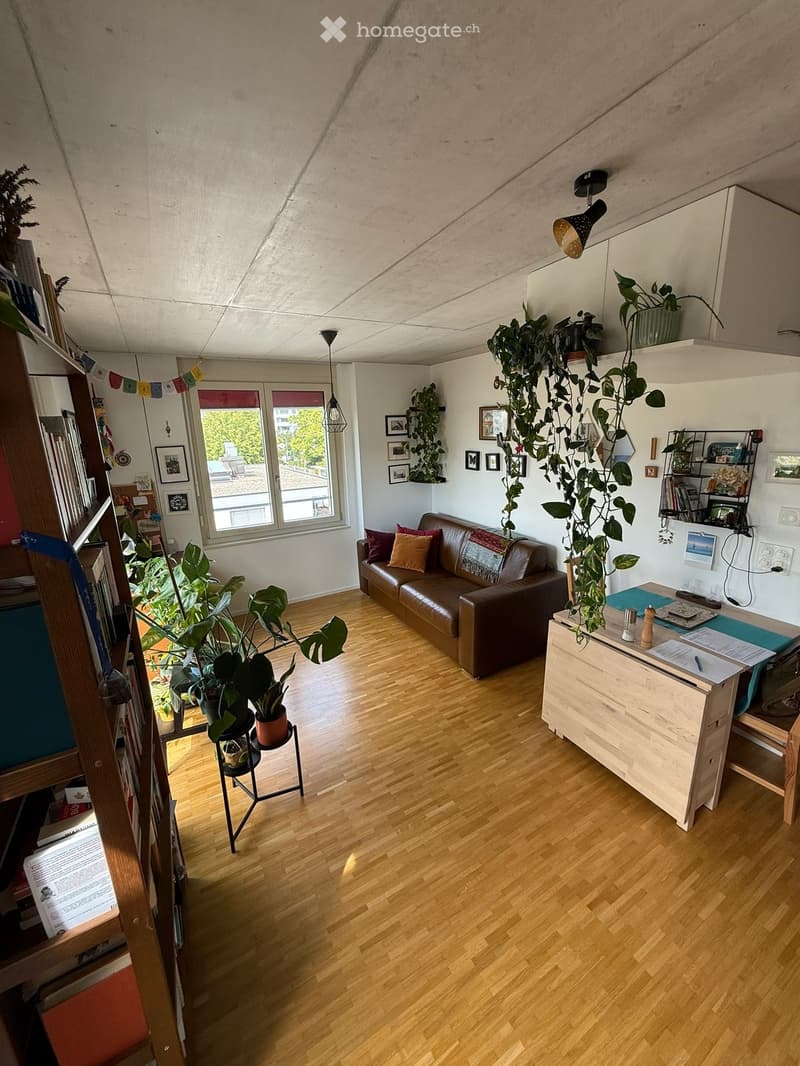 A cozy living room with wooden flooring, a brown leather sofa, a wooden desk, a bookshelf, and several potted plants. The room features large windows with a view of greenery outside.