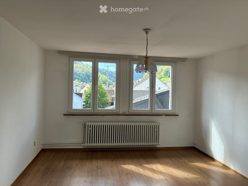 Empty room with wooden flooring, white walls, large windows with a scenic view, radiator, and a hanging light fixture.
