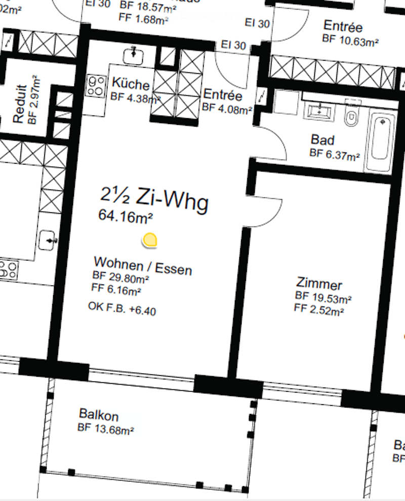 Floor plan of a 2.5-room apartment with living/dining area, kitchen, bedroom, bathroom, and balcony.